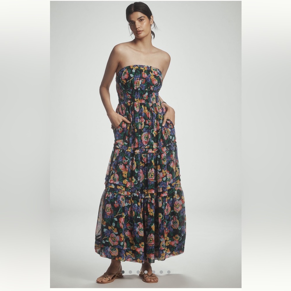 Strapless Navy Floral Tiered Maxi Dress